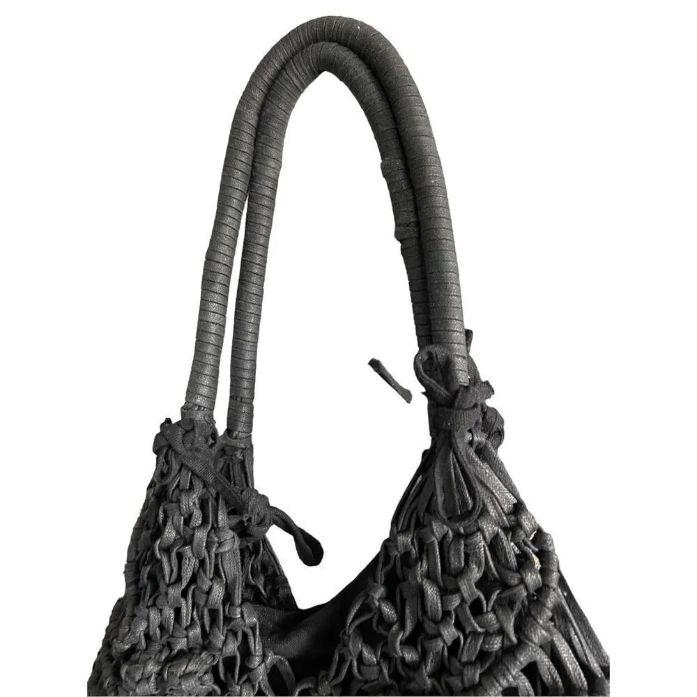 Clever Carriage Company Womens Black Crocheted Positano Hand Macrame Satchel Bag